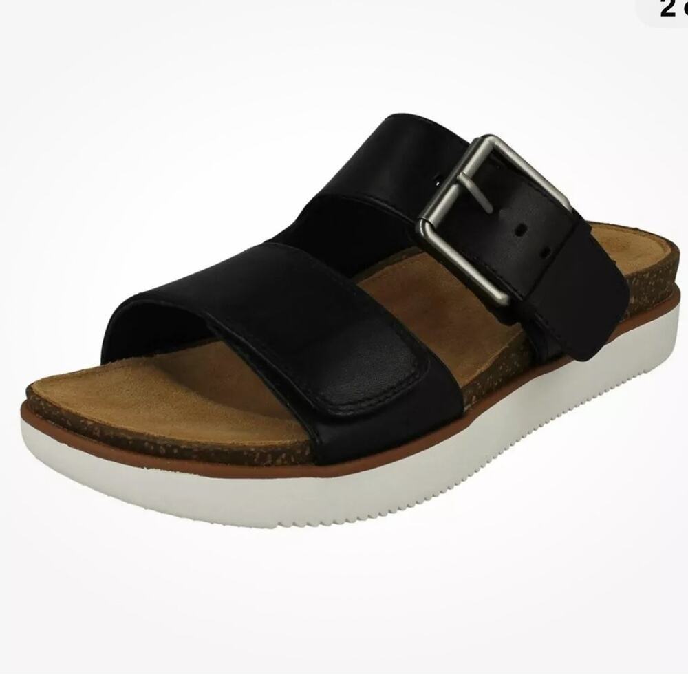 Clarks Elayne Ease Black Leather Slide Sandals Comfortable Slip On Womens Size 6